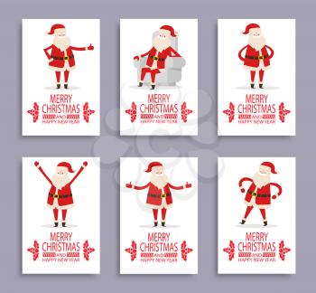 Happy New Year and merry Christmas Santa congrats on set of six light posters. Vector illustration with fairytale winter character on white background