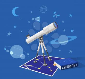 Astronomy class isolated vector illustration on blue sky-like background. Cartoon style telescope, pair of compasses and school textbook on constellation map