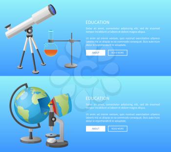 Education web banner with geography and astronomy classes informative Internet page with globe model and powerful telescope vector illustrations.
