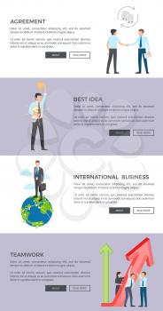 Agreement and best idea web pages with buttons and text, icons of persons handshaking, man with prize and bulb, person with globe vector illustration