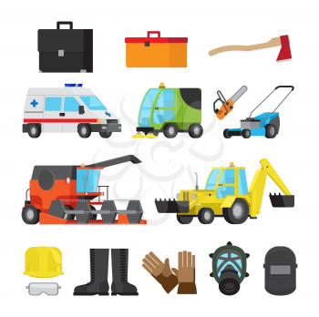 Set of harvesting and sweeping equipment, medical transport, lawn mowers, technology digging, protective accessories vector illustration