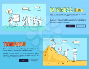 Business idea and teamwork images for web-site of leader giving solution to existing problem and people climbing on mountain vector illustration