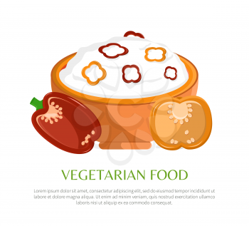 Vegetarian food vector illustration, color banner, mush with pepper pieces isolated on white, deep bowl, varied pepper kinds, healthy vegetarian dish