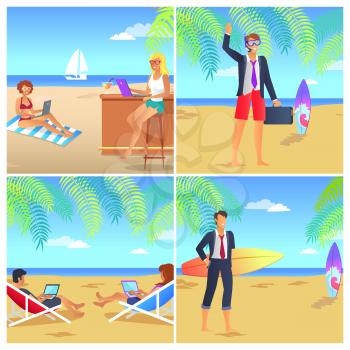 Four colorful posters with businessmans on beach vector illustration with blessed people on vacation lot of surfboards wireless devices cute landscape