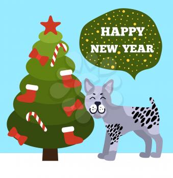 Happy New Year greetings poster symbols evergreen Christmas tree decorated by socks, candies red bows and star, grey cartoon dog ector illustration