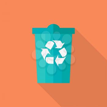 Trash Bin vector illustration in flat style. Container for garbage with recycling sign picture for environmental concepts, web, icons, infographics, logotype design. Isolated on orange background.  