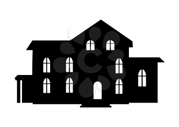 Black building icon closeup silhouette, home with doors and windows, roof and several rooms, exterior on vector illustration isolated on white background