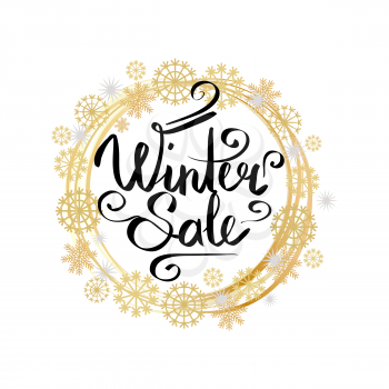 Winter sale poster in decorative frame made of silver and golden snowflakes and round circles, snowballs of gold in x-mas border isolated on white vector