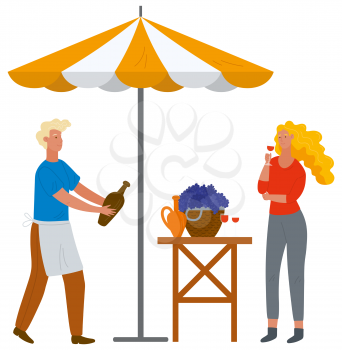 Woman tasting wine on harvest festival in Europe, waiter carrying bottle of drink. Female holding glass with alcohol beverage, table with grapes vector. Flat cartoon