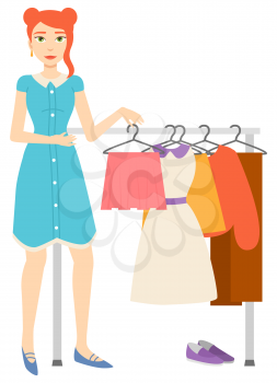 Woman shopping in store vector, isolated customer female character holding skirt. Person looking at dress and jacket on hanger, shoes in shop. Garage sale, event for sale used goods. Flat cartoon