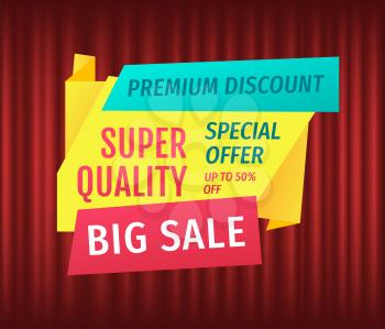 Advertisement of exclusive offer, hot discount percent, only one day. Retail sale poster, shopping icon, marketing symbol. Cheap, deal promotion, lowering of prices. Red curtain theater background