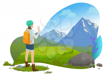 Traveler or tourist, girl filming on smartphone in mountains, vector. Hiker, woman with backpack and gadget, traveling and tourism, lanscape photo. Mountain tourism. Flat cartoon