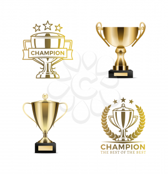 Champion awards in form of gold cups and certificates. Shiny goblets with seals as win approval. Trophies for best results vector illustrations set.