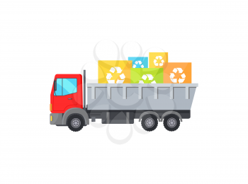 Big red truck takes away square garbage signs. Huge vehicle and trunk full of recycling symbols. Abstract environment care themed vector illustration.