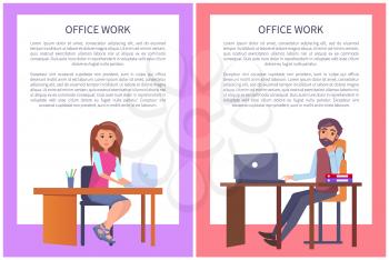 Office work posters set business people man and woman sitting at tables with computers and dreaming about rest, vector workers banner with text sample