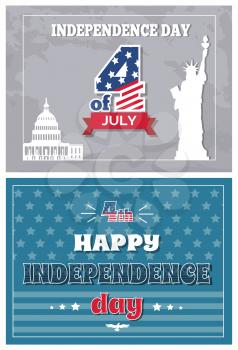 Independence Day 4 of July poster, American Statue of Liberty and Washington capitol. Greeting cards with symbols of USA, famous landmarks vector