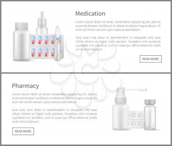 Medication and pharmacy web banners nasal sprays, bottles with treatment remedies, empty container with drops for nose, packages aerosol aids, vector set