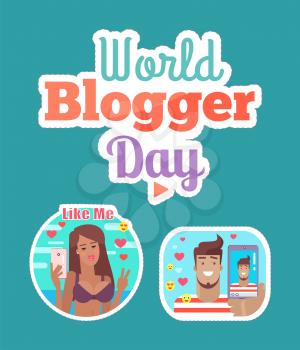 World blogger day woman and man blogging and streaming sticker set vector. Patches of female and male, social networking and smileys emojis video