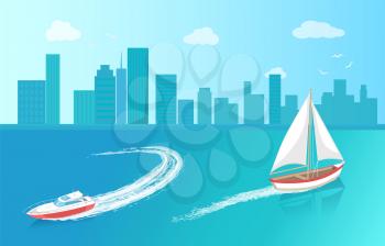 Modern yacht and sail boat, marine nautical personal ship icon. Sail boat with white canvas sailing in deep blue waters and leave trace vector near houses