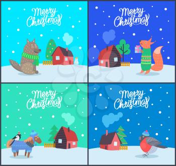 Merry Christmas greeting text posters vector. Animals with households, fox and wolf, bullfinch bird standing on horse back. Homes and snowing weather