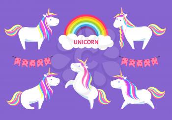 Unicorn and magical creature decorative clouds with rainbow and text vector. Decor of colorful flags, animal running sitting and standing jumping