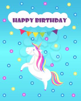 Happy birthday greetings from childish unicorn with rainbow mane and sharp horn. Mysterious horse from fairy tales. Animal character vector on dots backdrop
