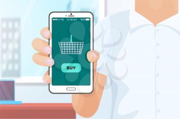 Buy online shopping with help of phone vector. Woman showing application allowing to purchase products in internet. Commerce in web new technology