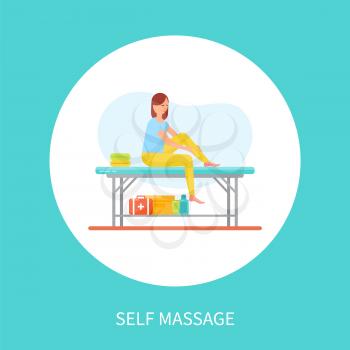 Self massage cartoon vector emblem relaxation woman in circle. Girl sitting on special table and massaging own legs, stretching and relaxing muscles