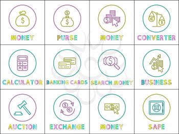 Lineout style icons set depicting various banking transaction. Purchase-sale and exchange, funds keeping and saving, successful business sketch glyph.