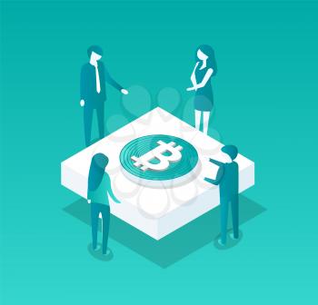 Blockchain meeting of people gathered under table with bitcoin logotype. Isolated isometric icon 3d, workers with ideas about cryptocurrency vector