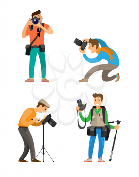 Journalists with professional equipment for taking photos, tripod and stabilizer, waist bags for cam and tools. Photographers working with camera vector