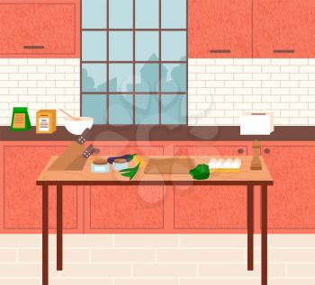 Kitchen interior with furniture and ingredients laying on table. Wooden desk with knives in stand, board and vegetables for cooking. Process of making dishes. Window  with cityscape vector in flat