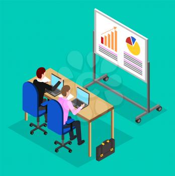 Data analysis, financial analytics or accounting, research and planning vector. Report, market analysis, finance table or graph. Chart and growth statistics, economy and business, isometric