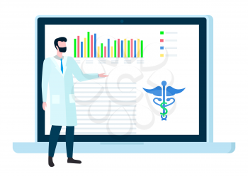 Doctor presenting medical information in laptop wireless device. Professional hospital character discussing diagnosis report in computer. Man communicating with pc for discussing treatment vector