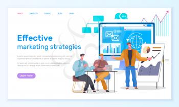 Effective marketing strategies of people cooperation online. Man and woman characters cooperation for analyzing graph and email developing. Webpage or website template, landing page flat style vector