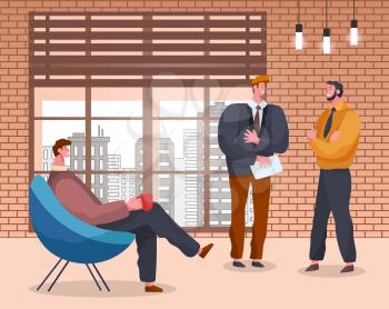 Conference or meeting in boss office. People discussing problems of company. Men with papers and reports talking to ceo. Teamwork of characters working together. Staff and chief. Vector in flat style