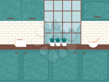 Kitchen interior, comfortable furnishing and decor for room. Wooden tabletop and cupboards, kitchenware. Houseplants like succulents for decoration. Cityscape from big window. Vector illustration