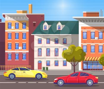 Modern city street with traffic on road. Cityscape with buildings and cars riding along constructions. Traveling on vacation using vehicle to move around city. Town skyline vector in flat style