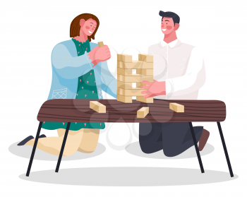 Friends or couple have fun at home reception. People spending leisure time playing game together. Tower of wooden bricks on table. Man and woman isolated on white background. Vector illustration