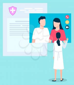 Online consultation between doctor and people by video call in real time. Videoconference to consultant about illnesses and prescribe treatment remotely. Vector illustration of technology in flat