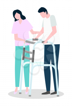 Professional support from assistance or nurse helping disabled person going with metal chair modern equipment. Therapy caring for patient male with handicap. Illness man character standing vector