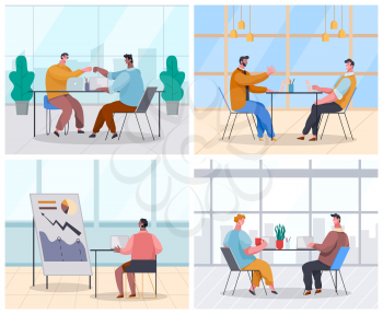 Collection of businessmen and businesswoman sharing ideas with partners. People working in office together. Teamwork and cooperation at work. Active workers with laptops. Vector in flat style