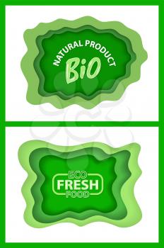 Organic food and supplies vector, isolated set of green logotypes, foliage vegetal elements, apple and plants with leaves natural meal and ingredients