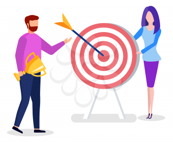 Workers man holding cup and woman with target and arrow in center. Learning online of business strategy and success. Educational technology of male and female with victory and profit object vector