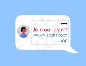 Join our team, website chat bubble with info about company. Offer to become member of new staff, advertisement to follow the webpage vector illustration
