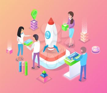 Startup vector, people working on new project business decisions and building of common concept, innovative decision, man with button isometric style