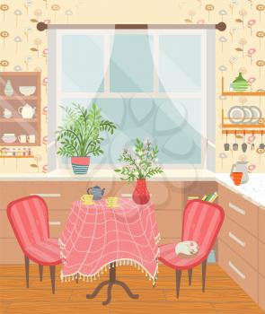 Home styling vector, dining room interior table with tablecloth. Armchair with sleeping cat on it, wide window with curtain and houseplant decoration