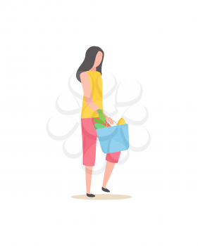 Pretty brunette on shopping isolated cartoon girl with bag full of grocery food. Vector basket with dairy necessary food, fruits and vegetables, shopper
