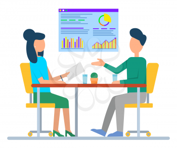 Man and woman colleagues discussing and learning growth chart on board. People teamwork conference with paper at desktop. Male and female partners consulting near monitor with diagram symbol vector