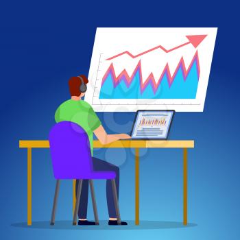 Man sit on chair by table at office. Guy working on laptop and use headphones for communication. Statistics chart on board, infographic that represents success of company. Vector illustration in flat